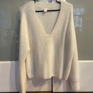 Fuzzy White Knit V Neck Sweater